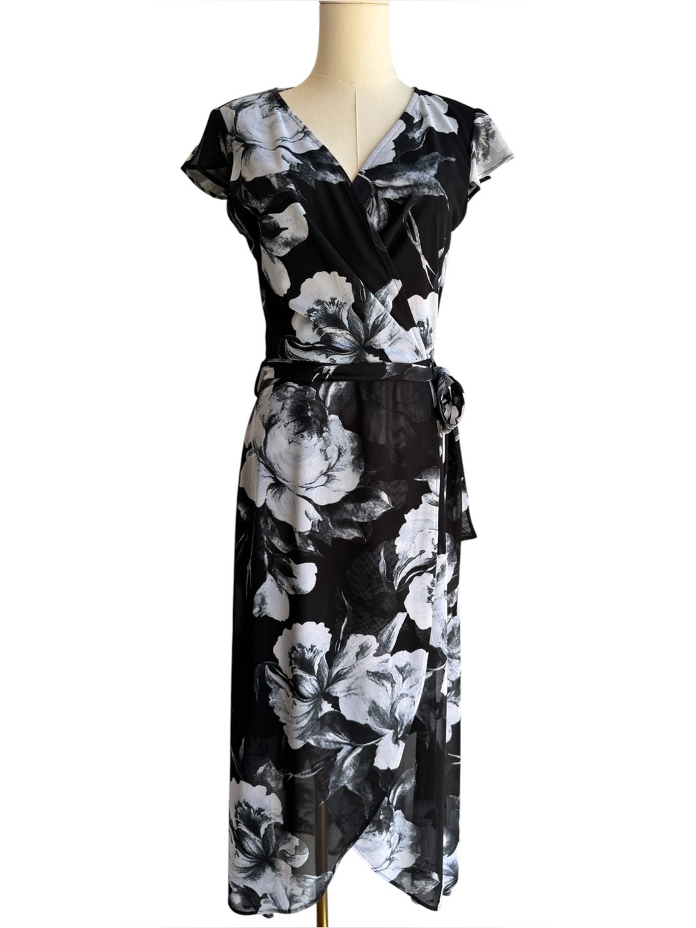 Frank Lyman Floral Faux Wrap Cocktail Dress Sz 6 High Low Evening Party Sundress